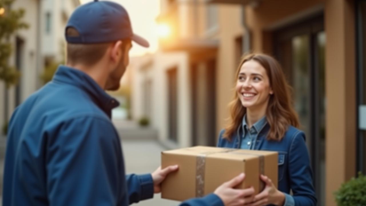 Fiatal nő boldogan veszi át az online rendelt csomagot egy mosolygó futártól egy modern lakópark előtt