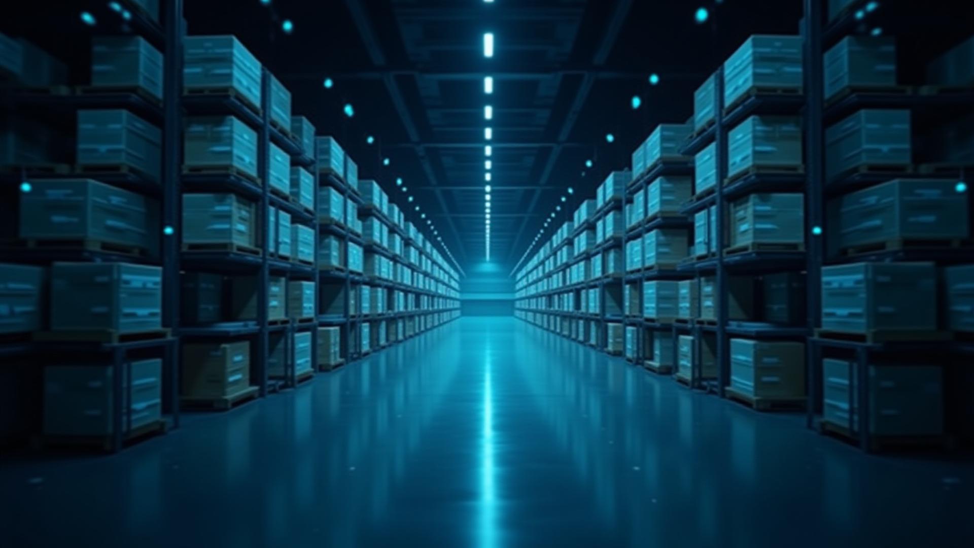 Futurisztikus raktár és digitális adathálózat vizualizáció