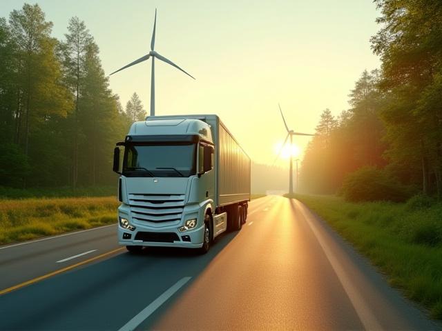 Elektromos teherautó töltése zöld környezetben, fenntartható logisztika