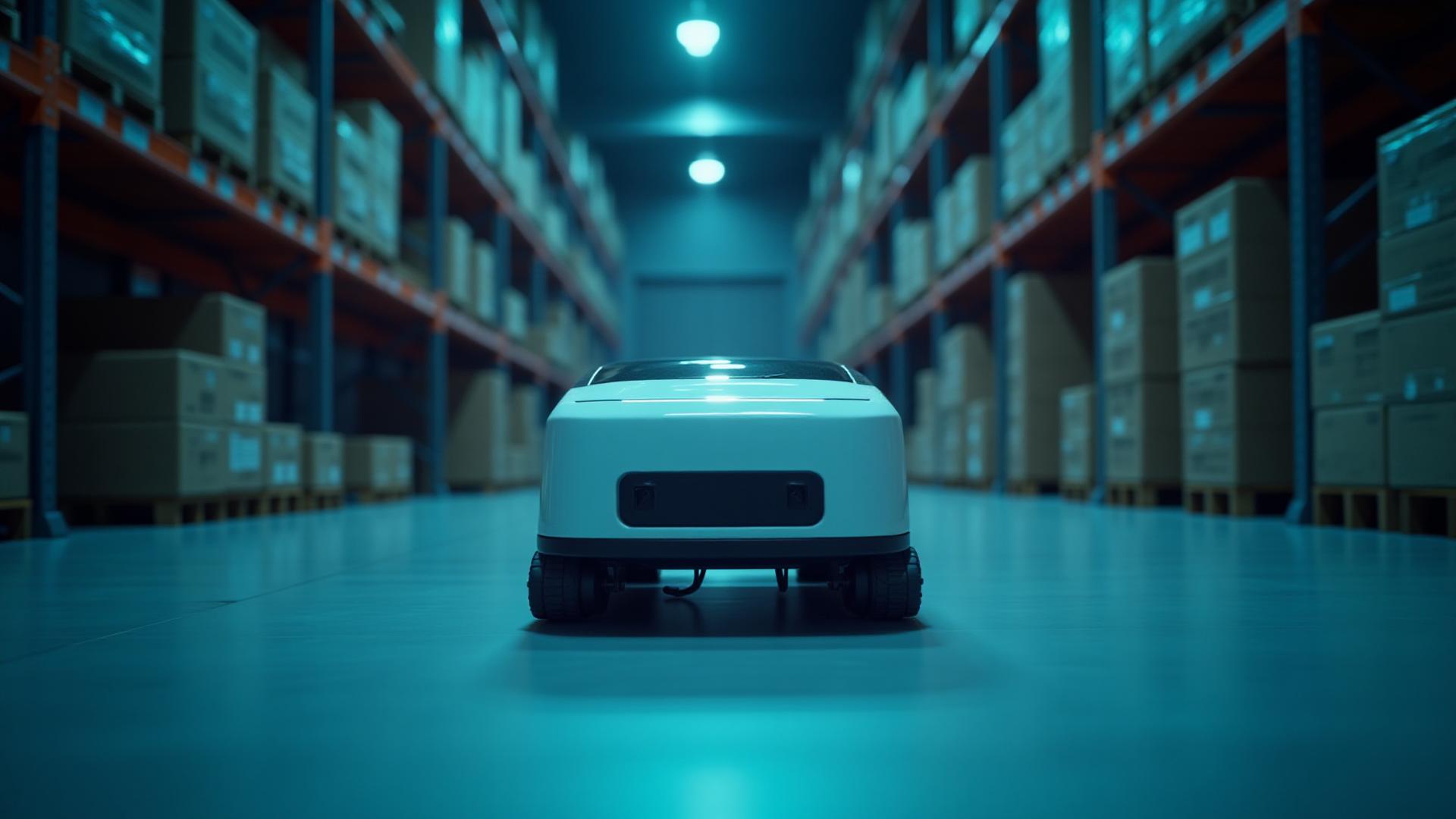 Modern, automatizált raktár robotokkal és adatvizualizációval