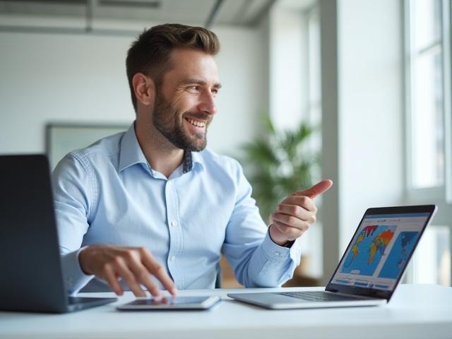 A Borealis Freight logisztikai szakértője egy online demó során bemutatja az útvonaltervező szoftvert egy laptopon